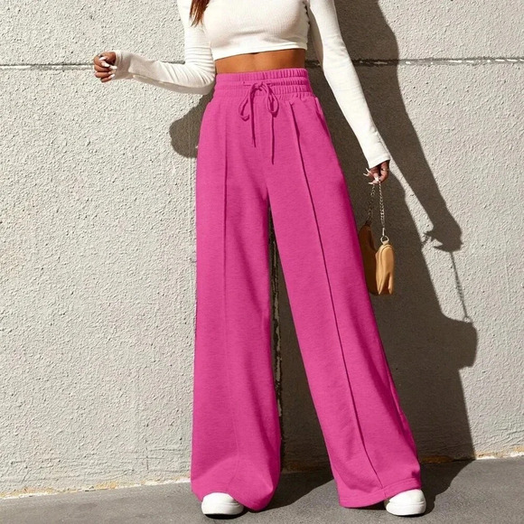 Hot Pink Women's Drawstring Waist Loose Wide Leg Palazzo Pants - Picture 1 of 5